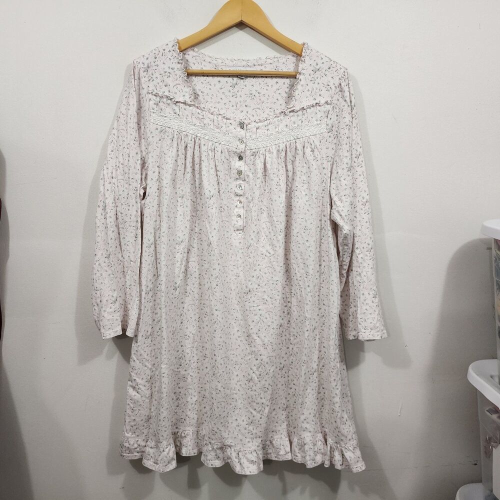 Eileen West Pink ROSEBUD Soft 100% Cotton Knit Long Sleeve Short Nightgown XL